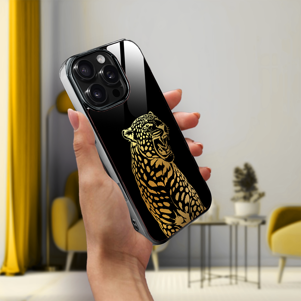 Etui do iPhone 16 Pro Max, Elite Glass z MagSafe, szklany tył, Golden Midnight, Ryczący Jaguar, czarne (7)