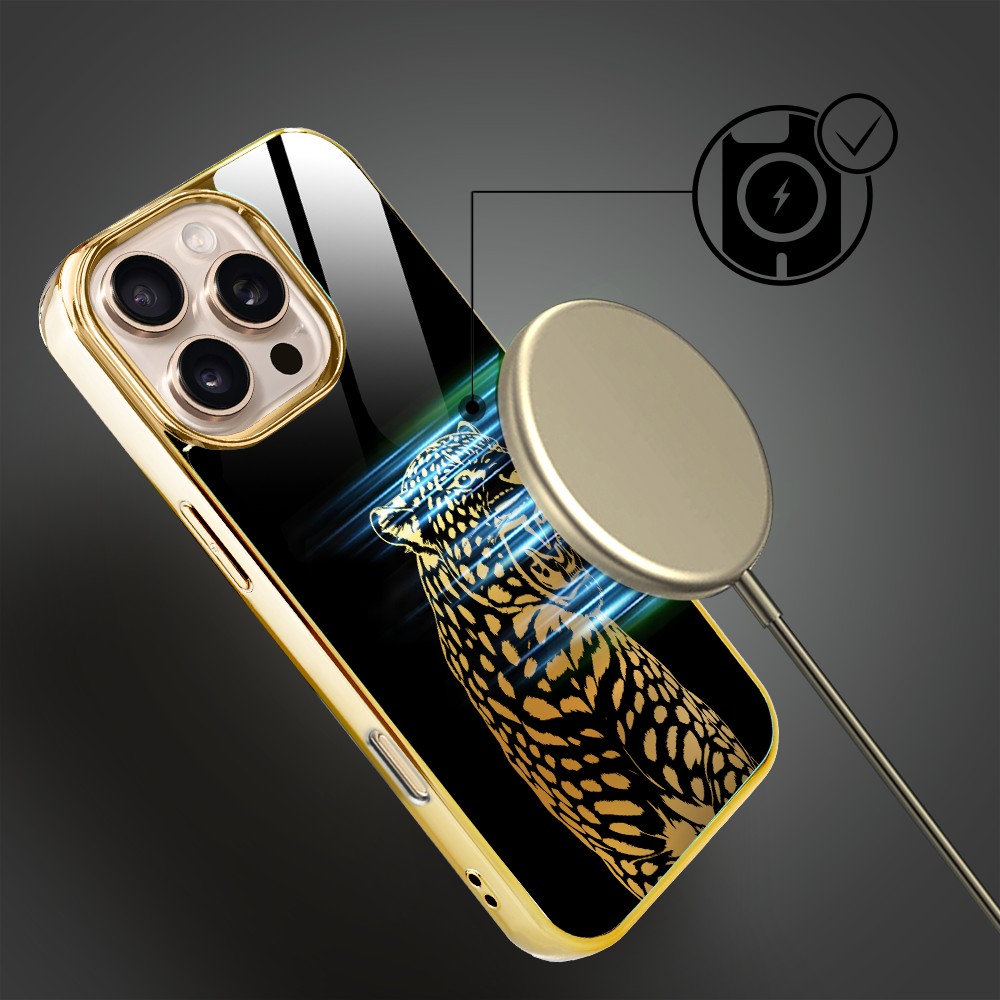 Etui do iPhone 16 Pro Max, Elite Glass z MagSafe, szklany tył, Golden Midnight, Ryczący Jaguar, złote (2)