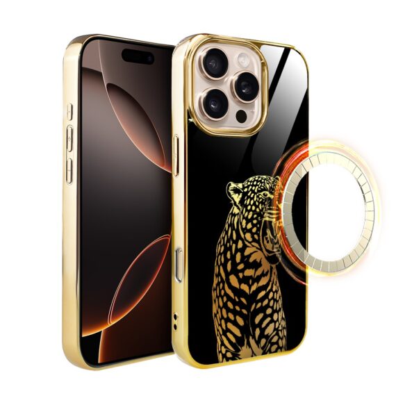 Etui do iPhone 16 Pro Max, Elite Glass z MagSafe, szklany tył, Golden Midnight, Ryczący Jaguar, złote (3)