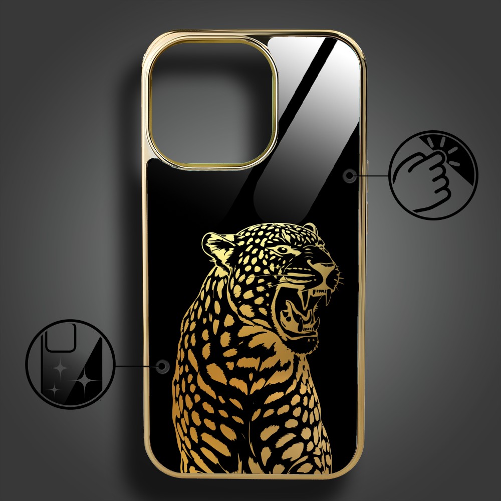 Etui do iPhone 16 Pro Max, Elite Glass z MagSafe, szklany tył, Golden Midnight, Ryczący Jaguar, złote (4)