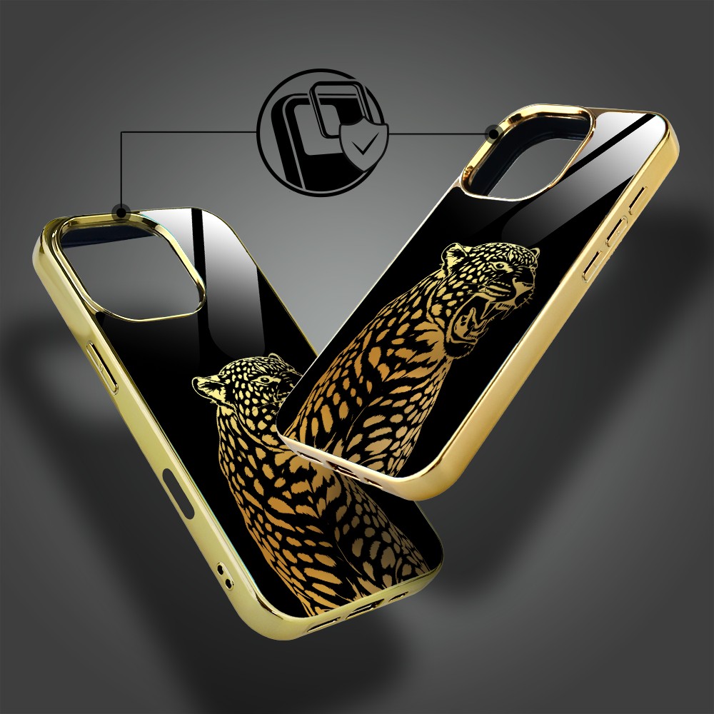 Etui do iPhone 16 Pro Max, Elite Glass z MagSafe, szklany tył, Golden Midnight, Ryczący Jaguar, złote (6)