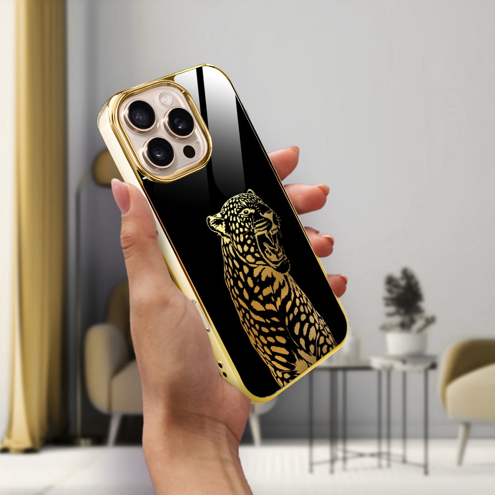 Etui do iPhone 16 Pro Max, Elite Glass z MagSafe, szklany tył, Golden Midnight, Ryczący Jaguar, złote (7)
