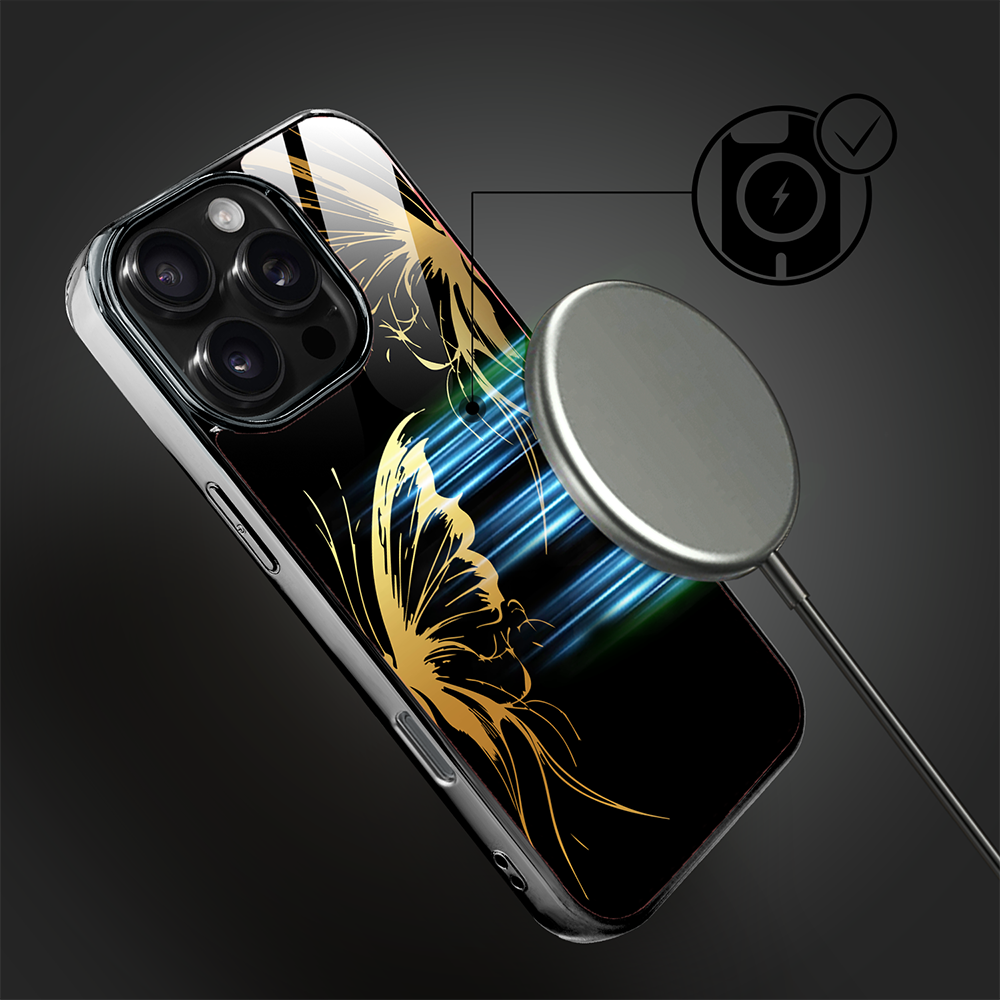 Etui do iPhone 16 Pro Max, Elite Glass z MagSafe, szklany tył, Golden Midnight, Skrzydła motyla, czarne (2)