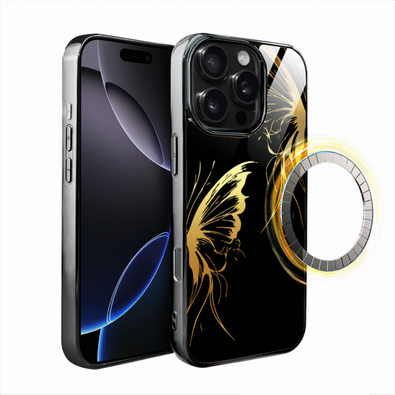 Etui do iPhone 16 Pro Max, Elite Glass z MagSafe, szklany tył, Golden Midnight, Skrzydła motyla, czarne (3)