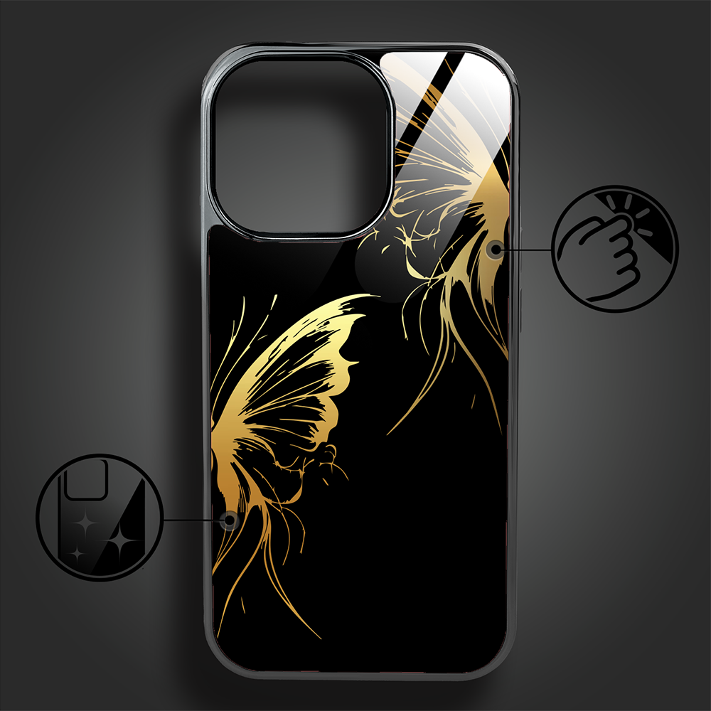 Etui do iPhone 16 Pro Max, Elite Glass z MagSafe, szklany tył, Golden Midnight, Skrzydła motyla, czarne (4)