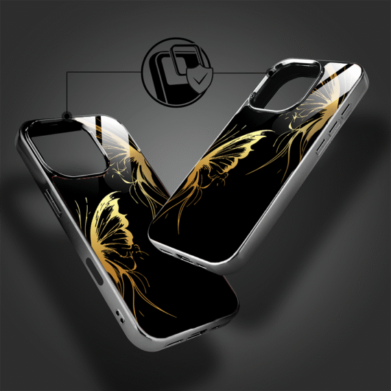 Etui do iPhone 16 Pro Max, Elite Glass z MagSafe, szklany tył, Golden Midnight, Skrzydła motyla, czarne (6)