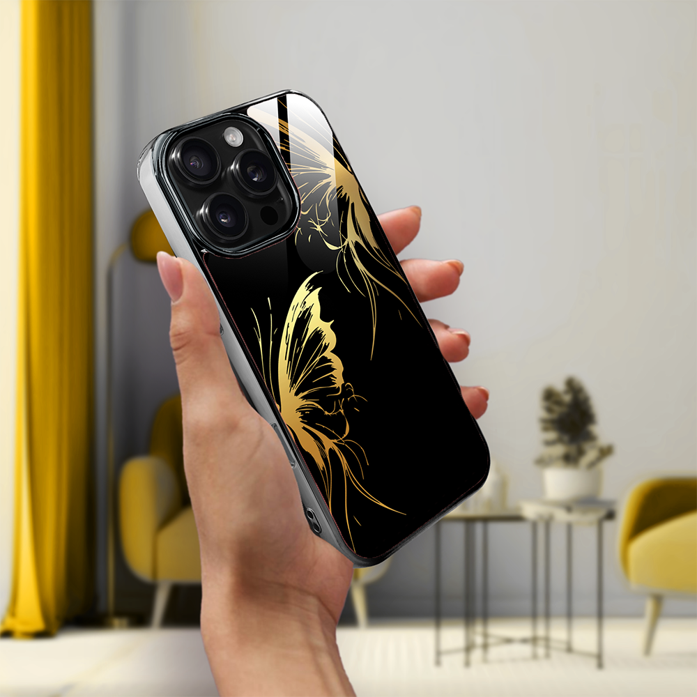 Etui do iPhone 16 Pro Max, Elite Glass z MagSafe, szklany tył, Golden Midnight, Skrzydła motyla, czarne (7)