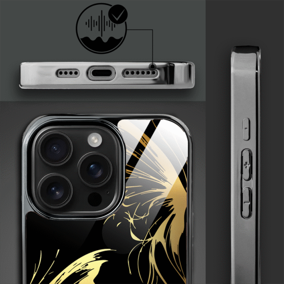 Etui do iPhone 16 Pro Max, Elite Glass z MagSafe, szklany tył, Golden Midnight, Skrzydła motyla, czarne (8)