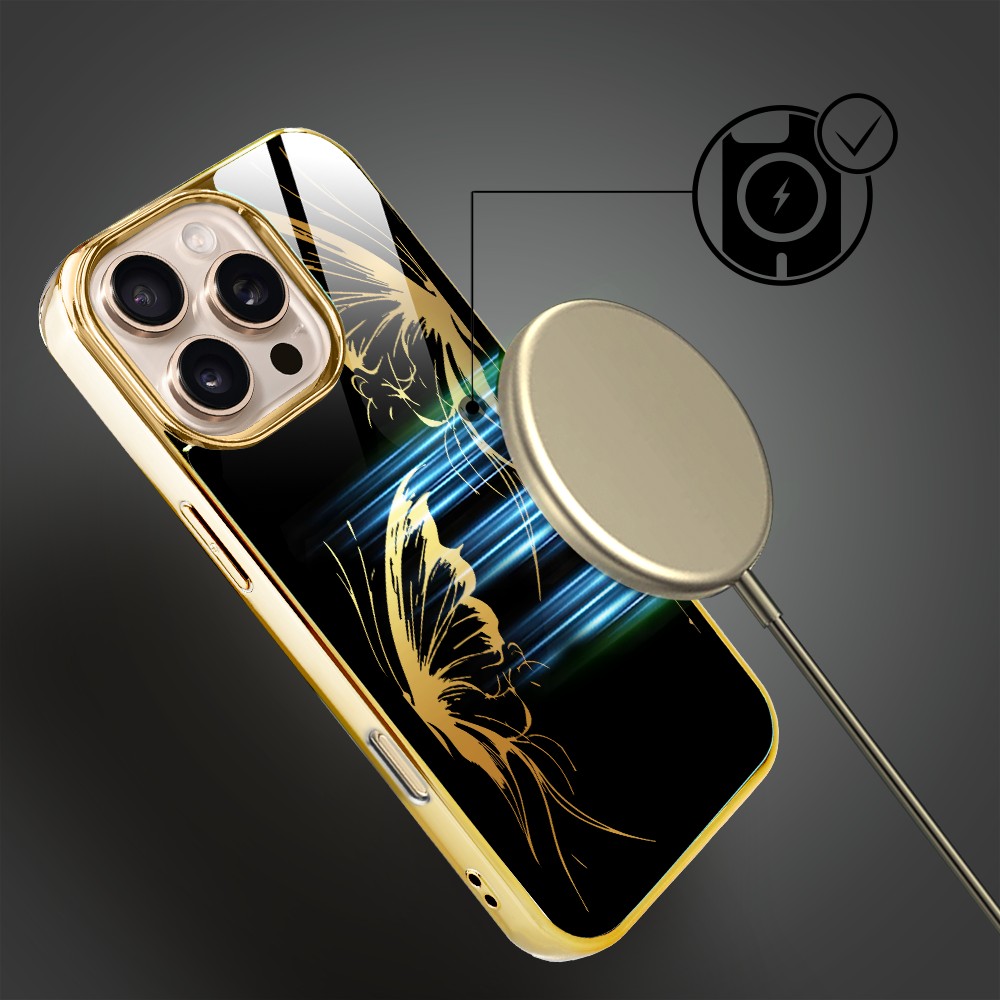 Etui do iPhone 16 Pro Max, Elite Glass z MagSafe, szklany tył, Golden Midnight, Skrzydła motyla, złote (2)