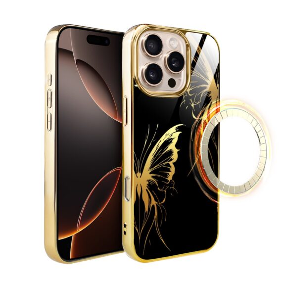 Etui do iPhone 16 Pro Max, Elite Glass z MagSafe, szklany tył, Golden Midnight, Skrzydła motyla, złote (3)