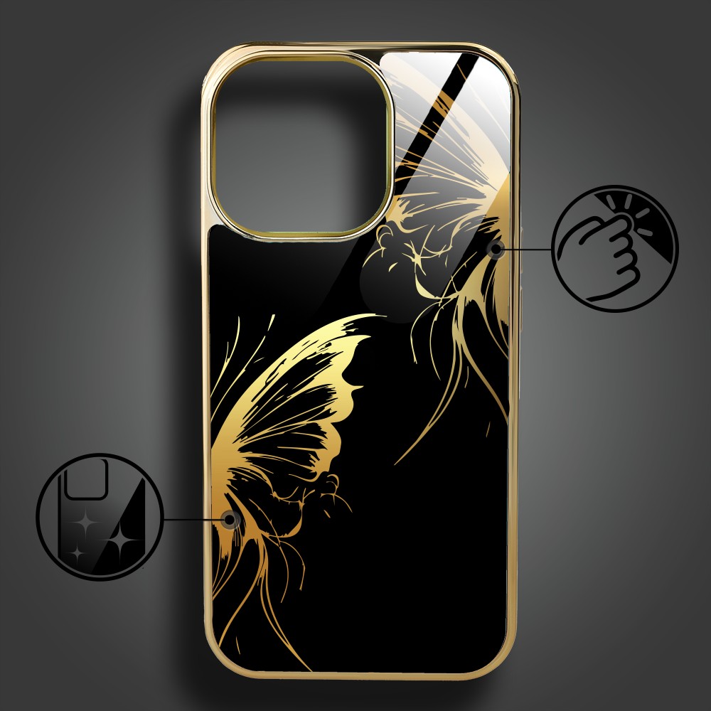 Etui do iPhone 16 Pro Max, Elite Glass z MagSafe, szklany tył, Golden Midnight, Skrzydła motyla, złote (4)