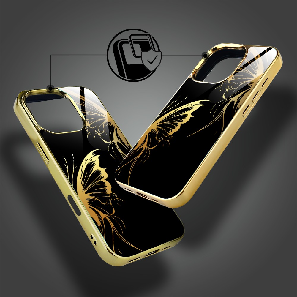Etui do iPhone 16 Pro Max, Elite Glass z MagSafe, szklany tył, Golden Midnight, Skrzydła motyla, złote (6)