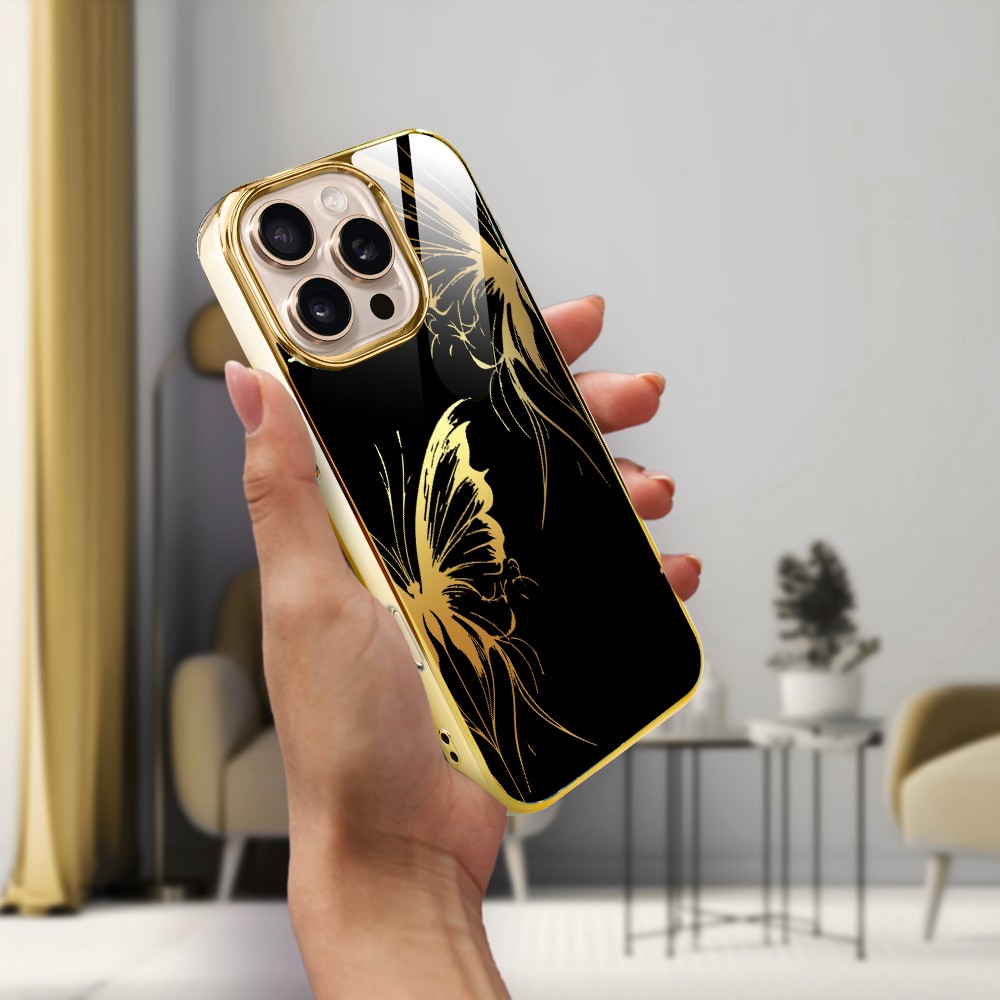 Etui do iPhone 16 Pro Max, Elite Glass z MagSafe, szklany tył, Golden Midnight, Skrzydła motyla, złote (7)