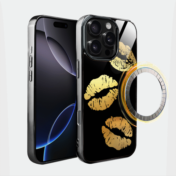 Etui do iPhone 16 Pro Max, Elite Glass z MagSafe, szklany tył, Golden Midnight, Usta, czarne (3)