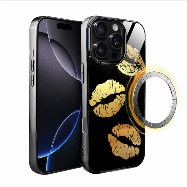 Etui do iPhone 16 Pro, Elite Glass z MagSafe, szklany tył, Golden Midnight, Usta, czarne