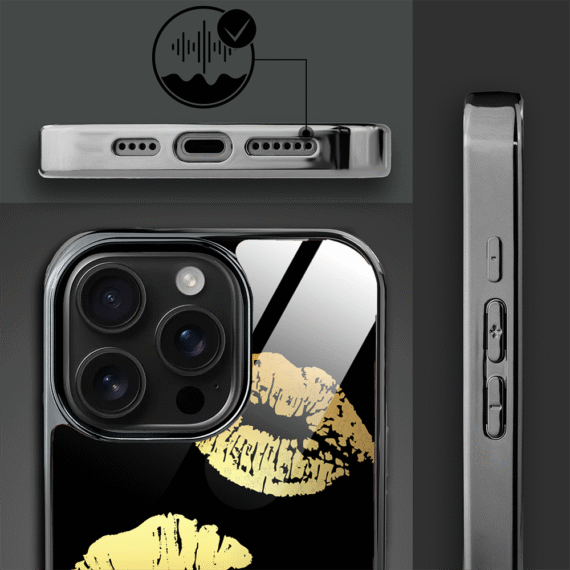 Etui do iPhone 16 Pro Max, Elite Glass z MagSafe, szklany tył, Golden Midnight, Usta, czarne (8)