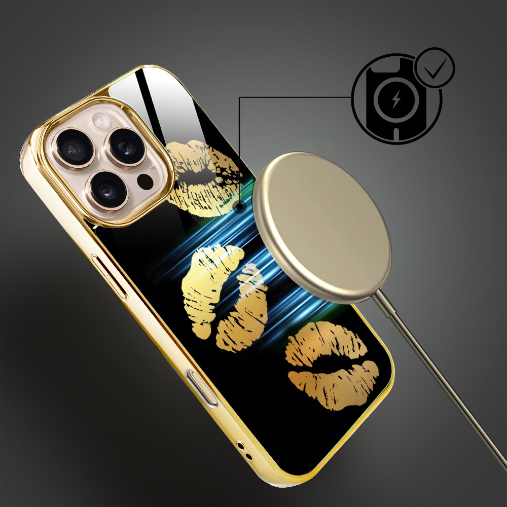 Etui do iPhone 16 Pro Max, Elite Glass z MagSafe, szklany tył, Golden Midnight, Usta, złote (2)