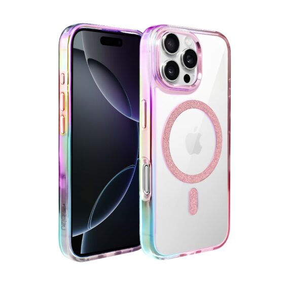 Etui do iPhone 16 Pro Max Glitter Crown, opalizujące, przeźroczyste z brokatowym MagSafe, różowe (2)