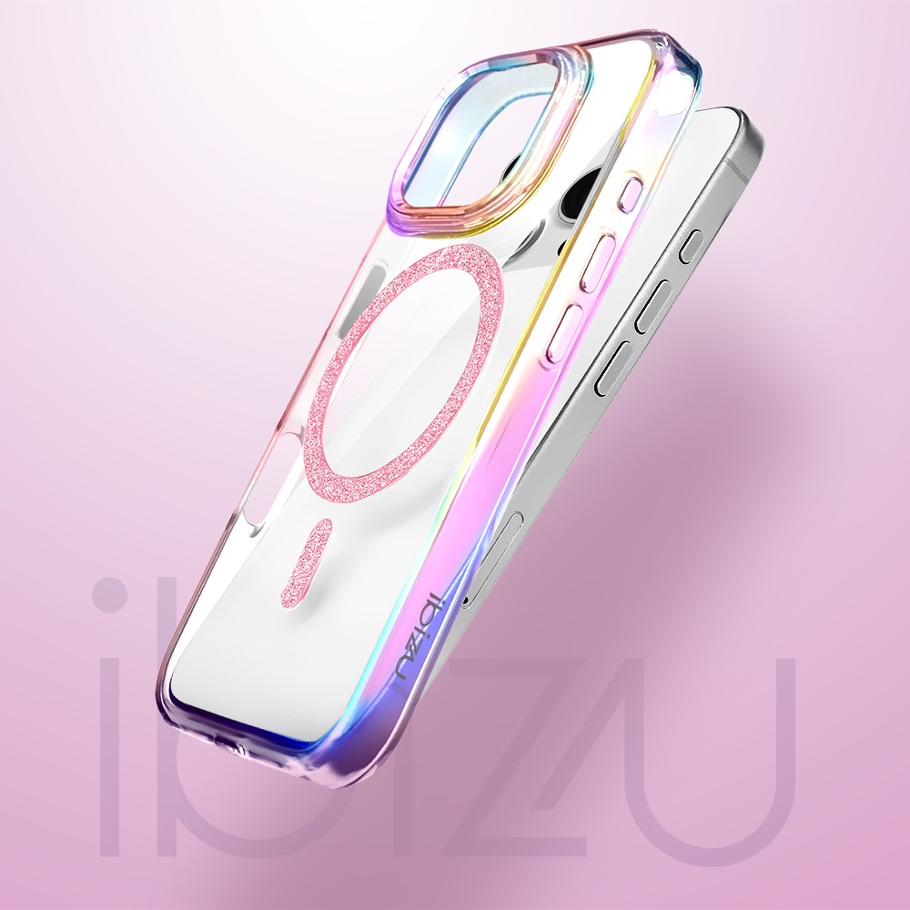 Etui do iPhone 16 Pro Max Glitter Crown, opalizujące, przeźroczyste z brokatowym MagSafe, różowe (3)