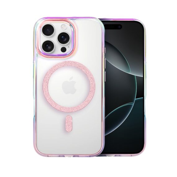Etui do iPhone 16 Pro Max Glitter Crown, opalizujące, przeźroczyste z brokatowym MagSafe, różowe (4)