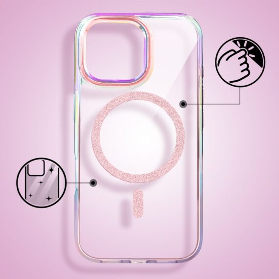 Etui do iPhone 16 Pro Max Glitter Crown, opalizujące, przeźroczyste z brokatowym MagSafe, różowe (5)