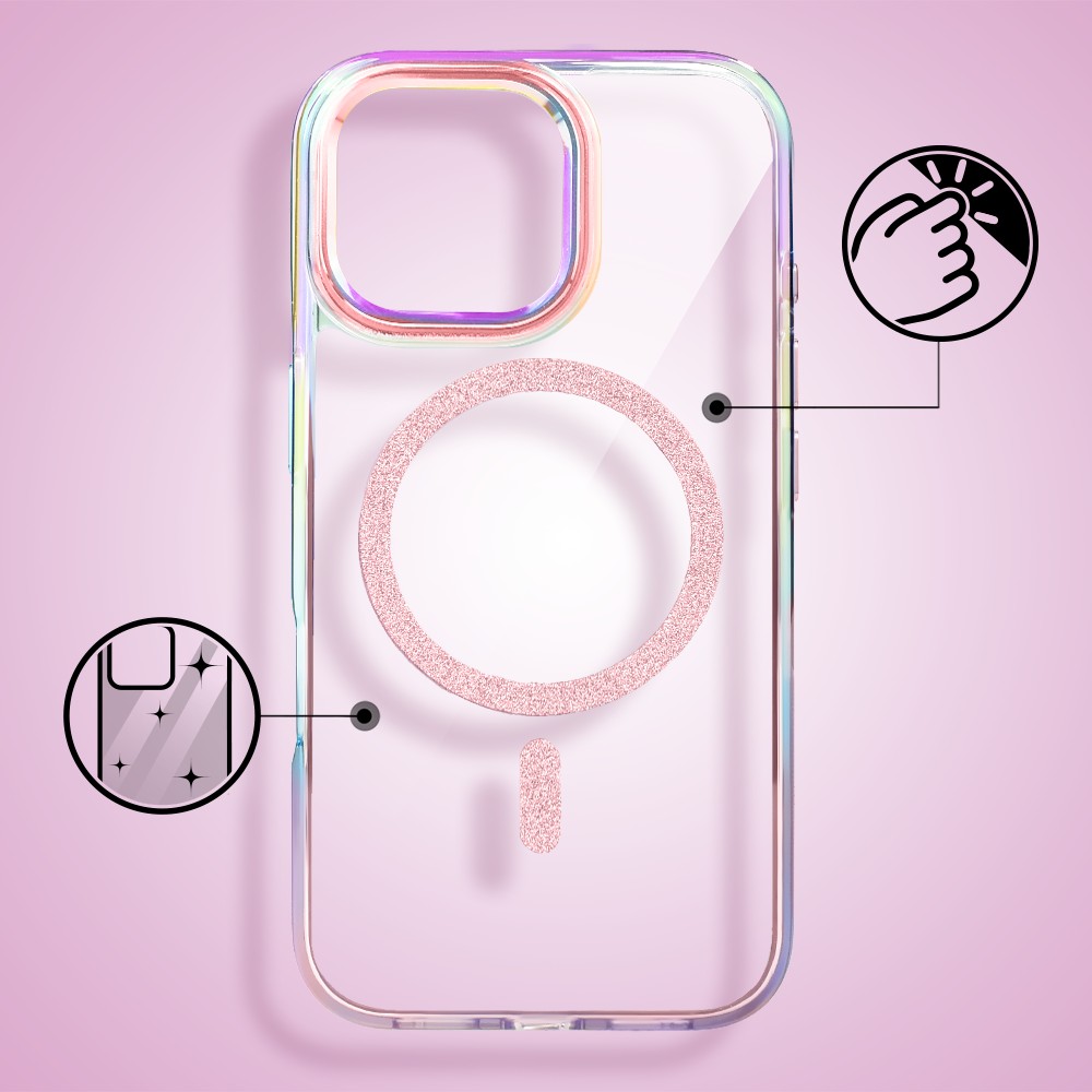 Etui do iPhone 16 Pro Max Glitter Crown, opalizujące, przeźroczyste z brokatowym MagSafe, różowe (5)