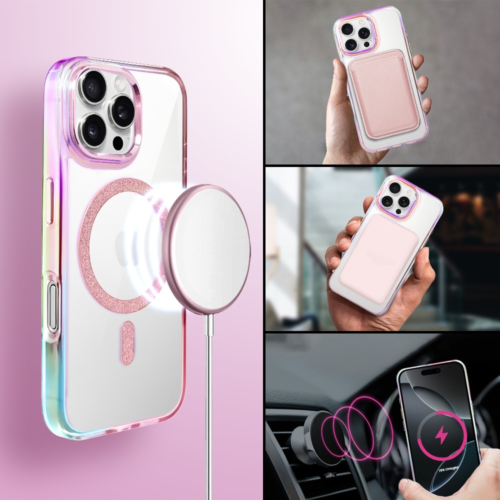 Etui do iPhone 16 Pro Max Glitter Crown, opalizujące, przeźroczyste z brokatowym MagSafe, różowe (6)