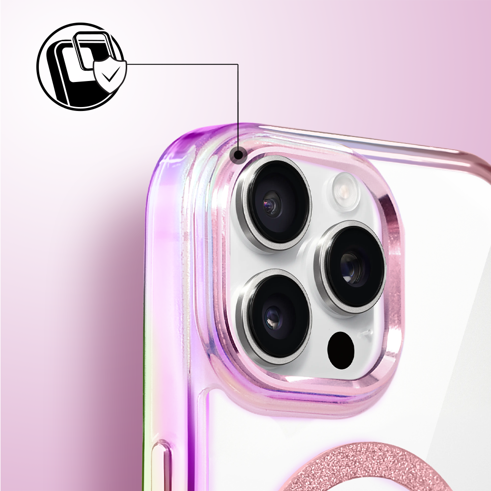 Etui do iPhone 16 Pro Max Glitter Crown, opalizujące, przeźroczyste z brokatowym MagSafe, różowe (7)