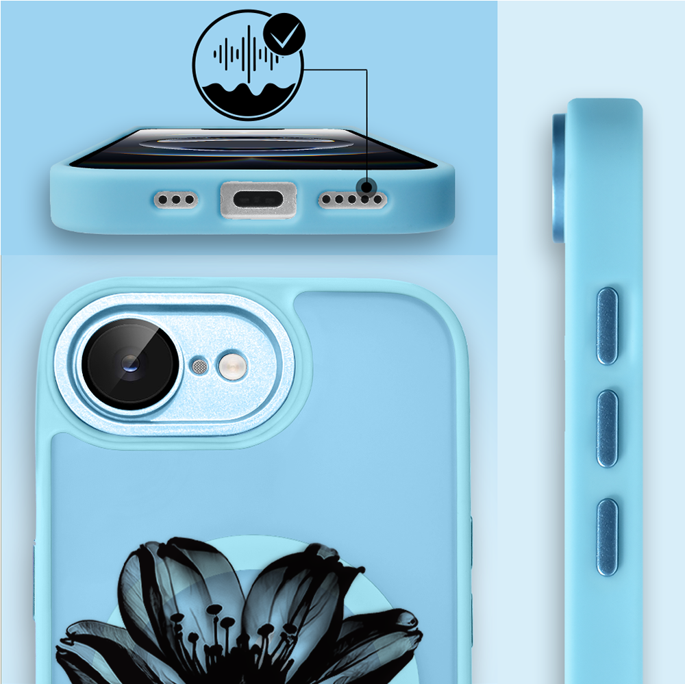 Etui do iPhone 16e Color Flush z Magsafe, z osłoną aparatu, czarny kwiat, błękitne (1)
