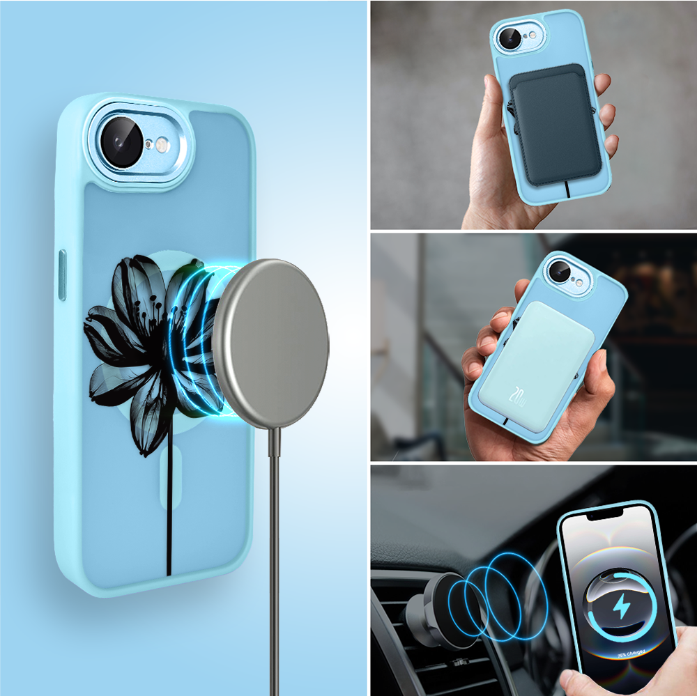 Etui do iPhone 16e Color Flush z Magsafe, z osłoną aparatu, czarny kwiat, błękitne (6)