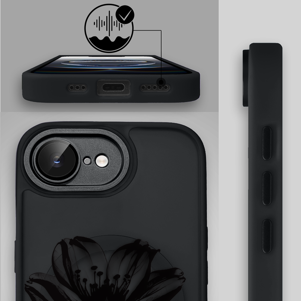 Etui do iPhone 16e Color Flush z Magsafe, z osłoną aparatu, czarny kwiat, czarne (2)