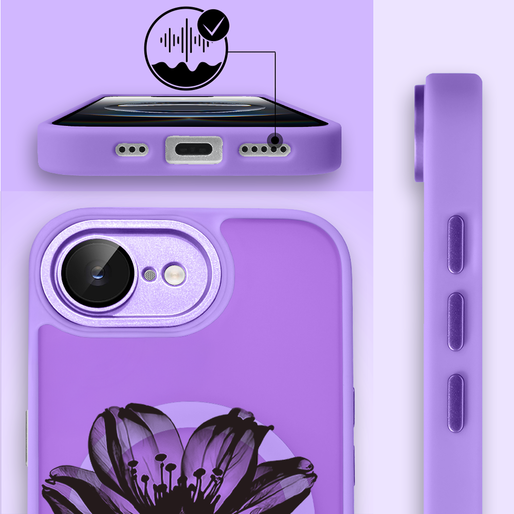 Etui do iPhone 16e Color Flush z Magsafe, z osłoną aparatu, czarny kwiat, fioletowe (3)