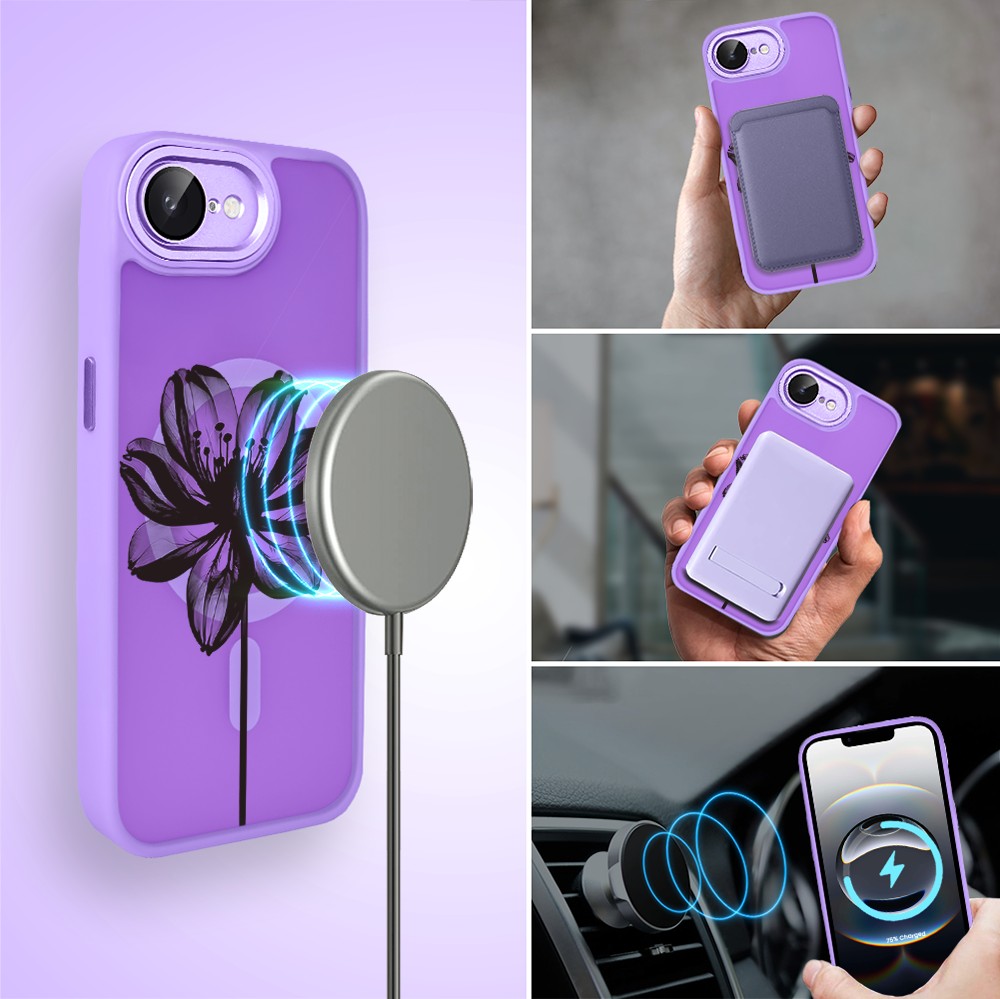 Etui do iPhone 16e Color Flush z Magsafe, z osłoną aparatu, czarny kwiat, fioletowe (8)