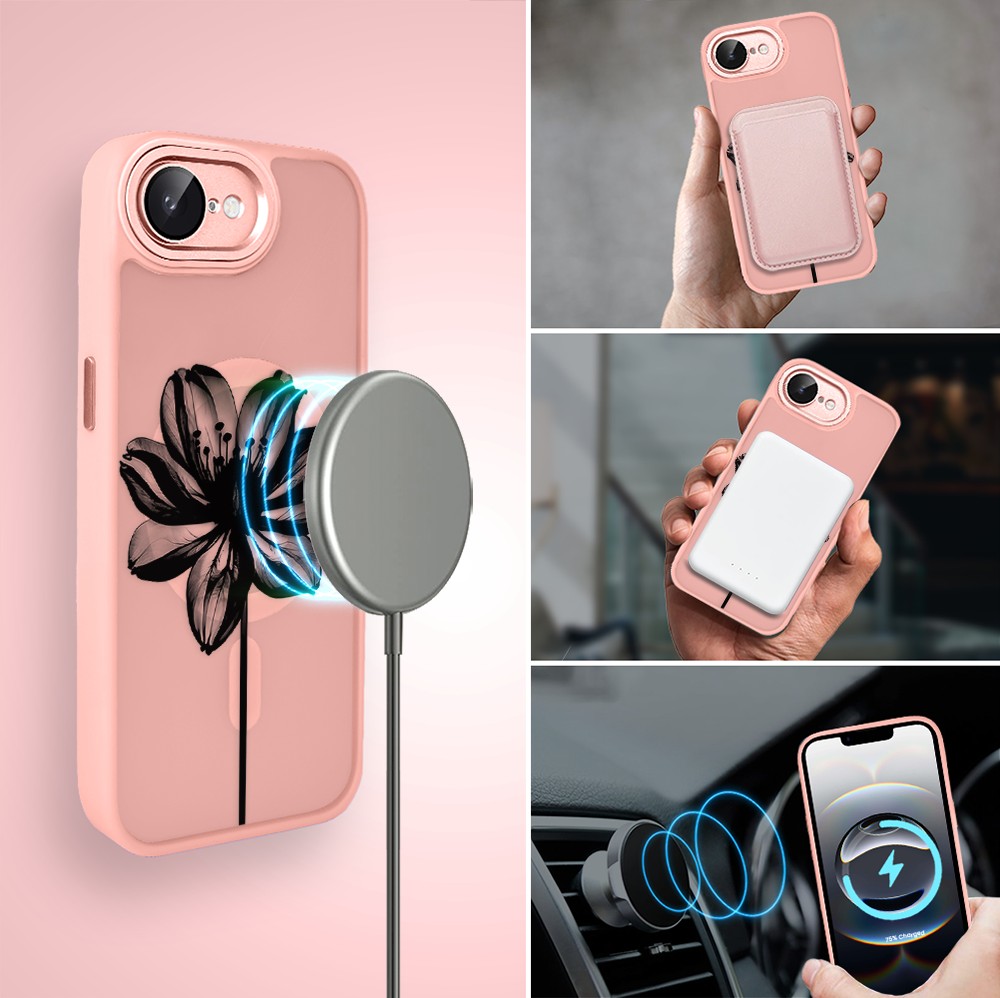 Etui do iPhone 16e Color Flush z Magsafe, z osłoną aparatu, czarny kwiat, różowe (1)