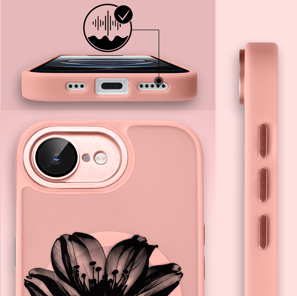 Etui do iPhone 16e Color Flush z Magsafe, z osłoną aparatu, czarny kwiat, różowe (4)