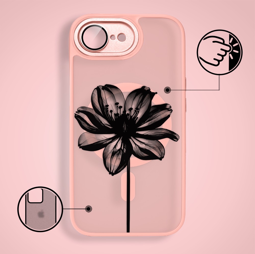 Etui do iPhone 16e Color Flush z Magsafe, z osłoną aparatu, czarny kwiat, różowe (8)