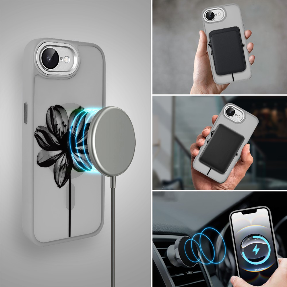 Etui do iPhone 16e Color Flush z Magsafe, z osłoną aparatu, czarny kwiat, tytanowe (7)