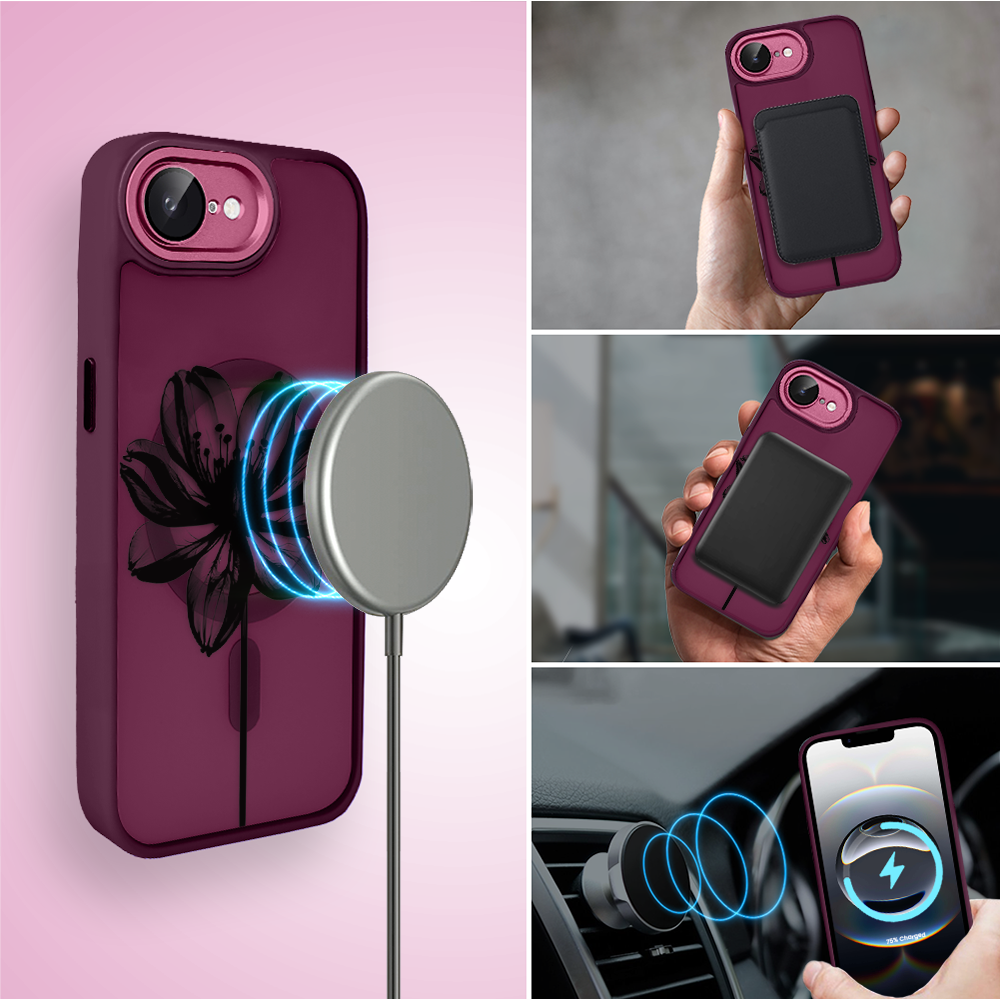 Etui do iPhone 16e Color Flush z Magsafe, z osłoną aparatu, czarny kwiat, wiśniowe (1)