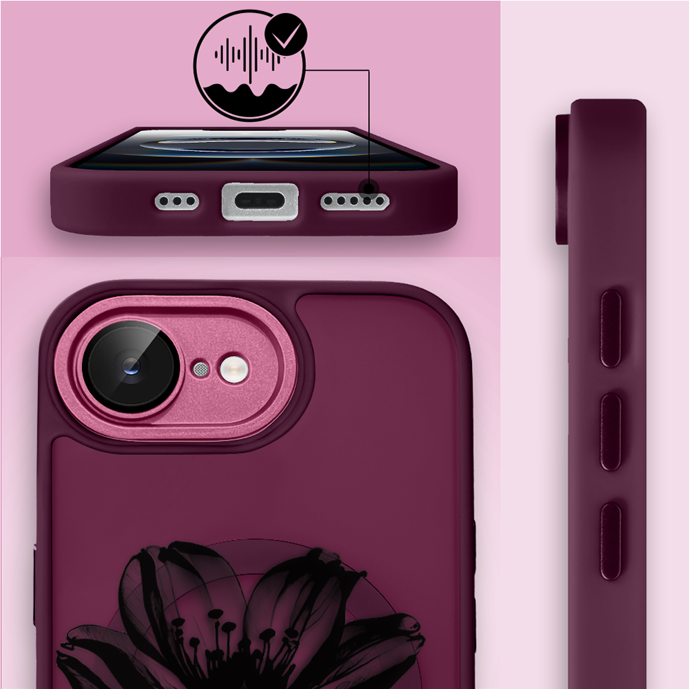 Etui do iPhone 16e Color Flush z Magsafe, z osłoną aparatu, czarny kwiat, wiśniowe (6)