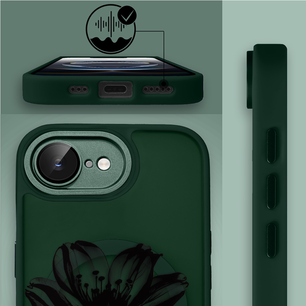 Etui do iPhone 16e Color Flush z Magsafe, z osłoną aparatu, czarny kwiat, zielone (3)
