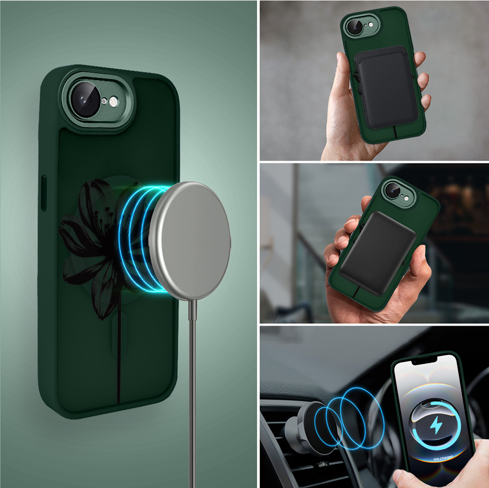 Etui do iPhone 16e Color Flush z Magsafe, z osłoną aparatu, czarny kwiat, zielone (8)