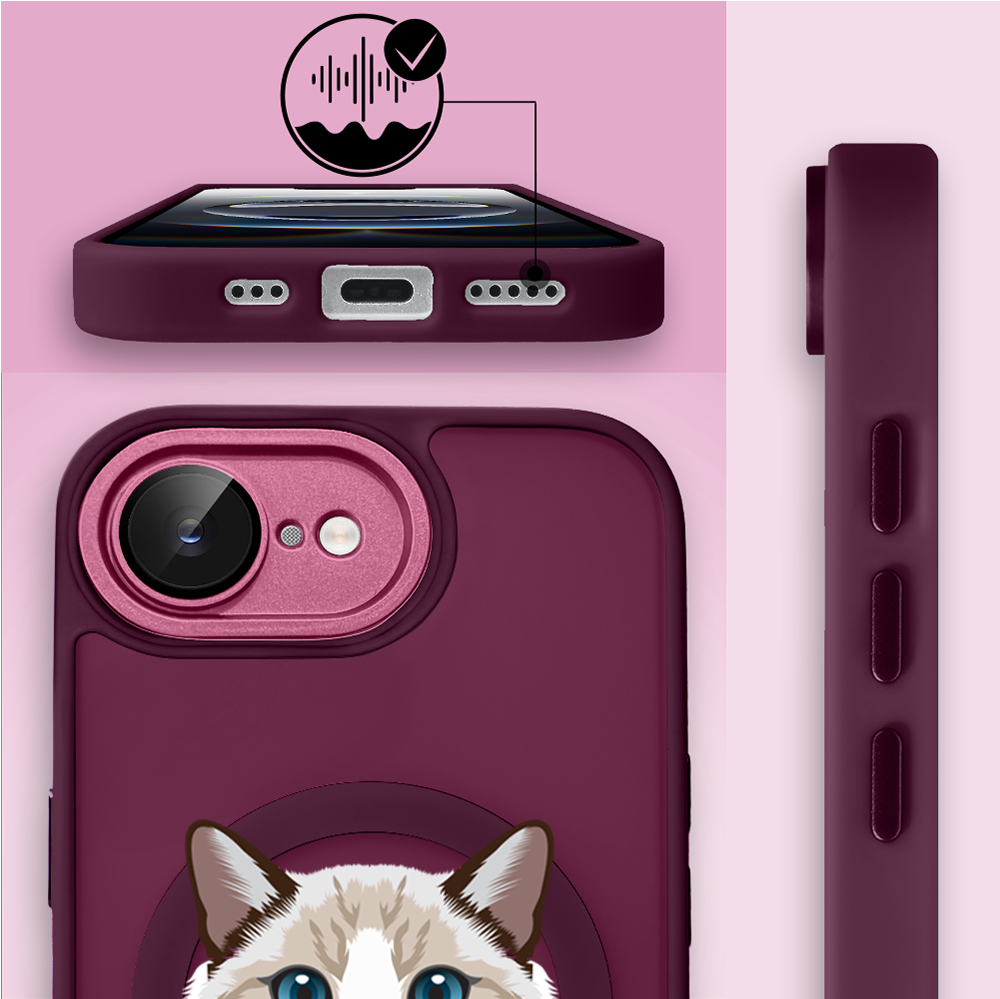 Etui do iPhone 16e Color Flush z Magsafe, z osłoną aparatu, kot birmański, wiśniowe (3)