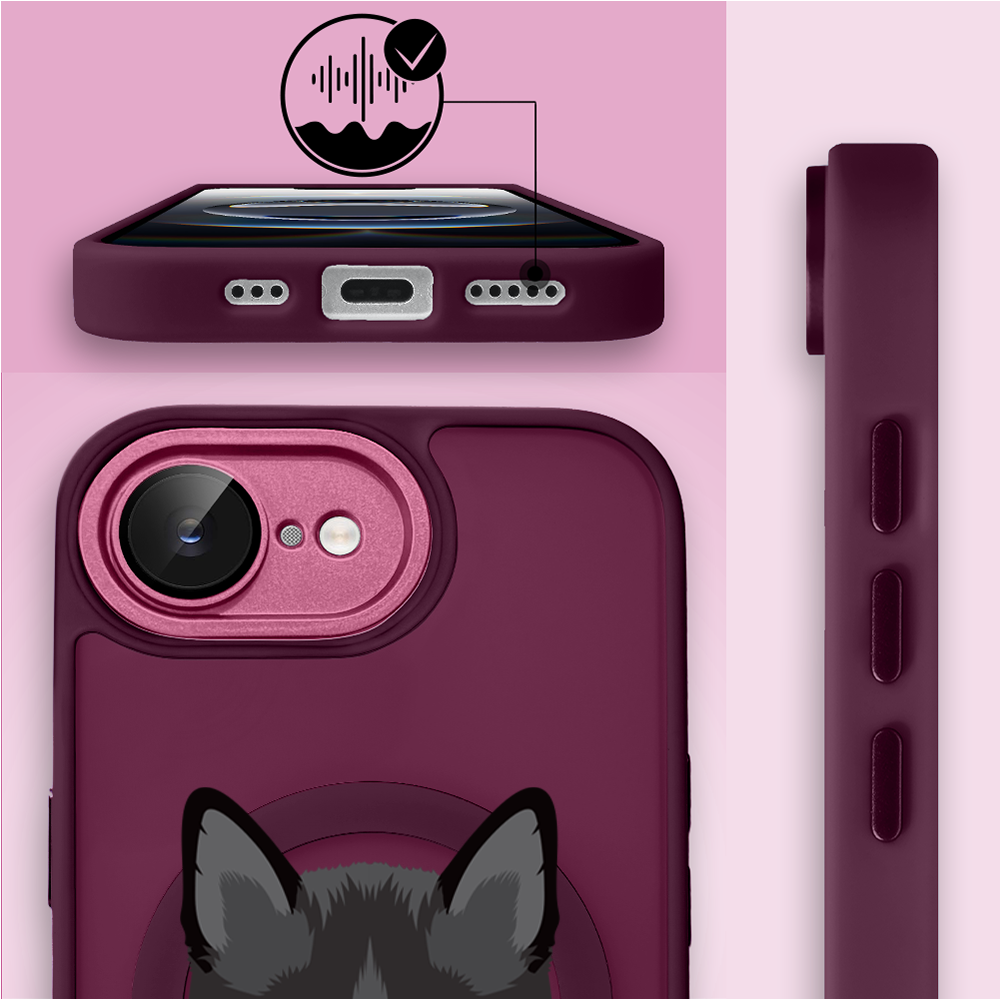Etui do iPhone 16e Color Flush z Magsafe, z osłoną aparatu, kot bombajski, wiśniowe (3)