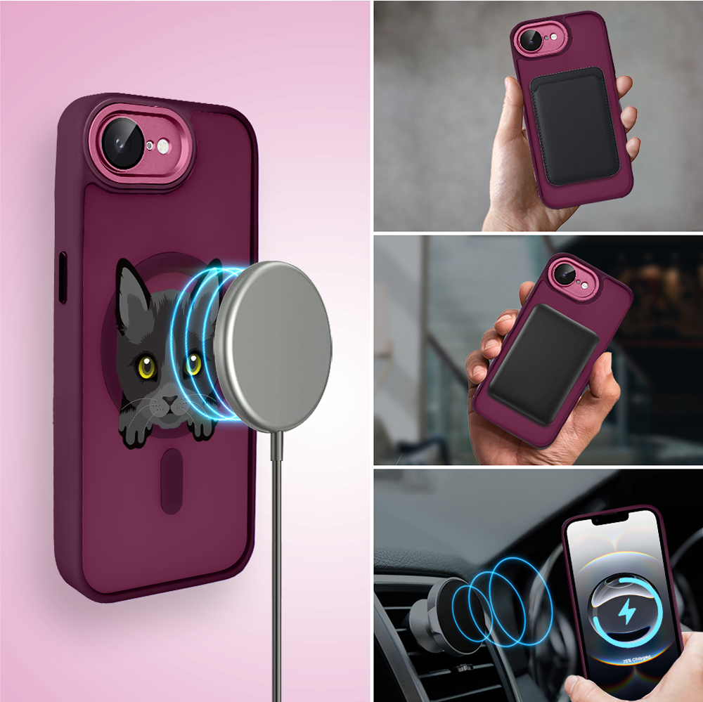 Etui do iPhone 16e Color Flush z Magsafe, z osłoną aparatu, kot bombajski, wiśniowe (6)