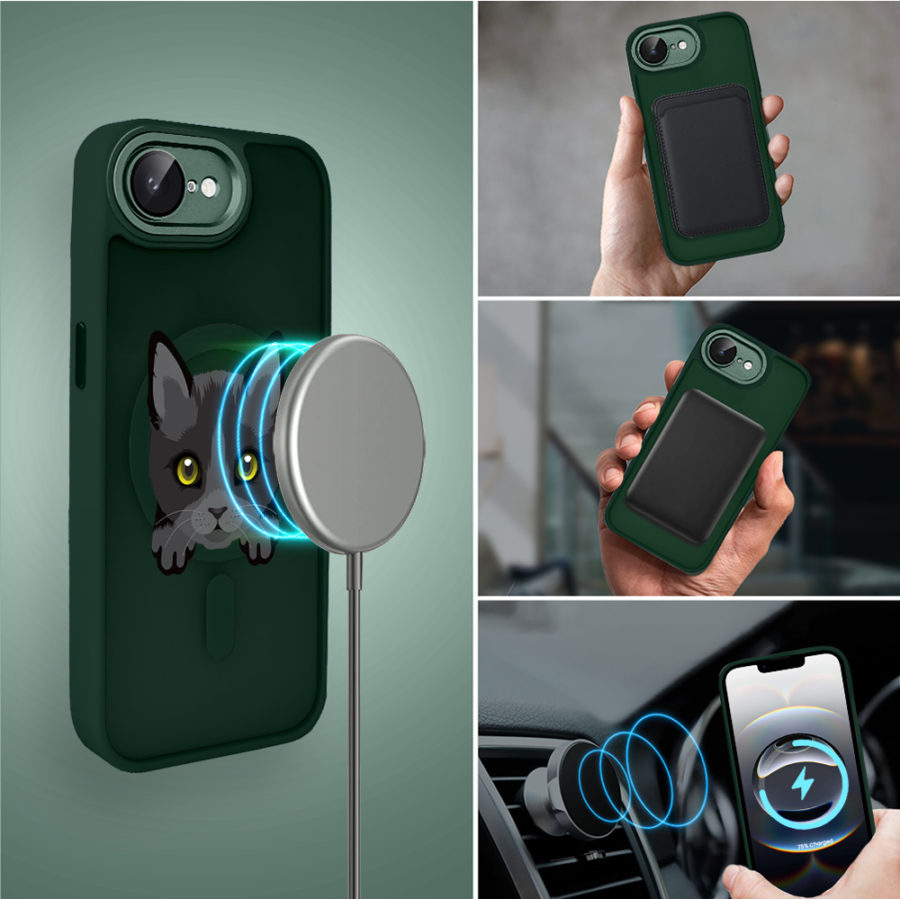 Etui do iPhone 16e Color Flush z Magsafe, z osłoną aparatu, kot bombajski, zielone (7)