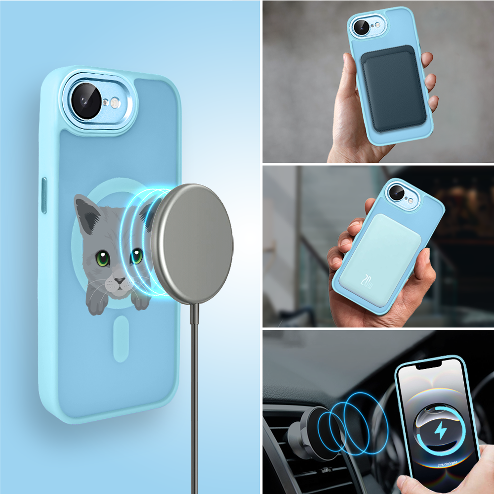 Etui do iPhone 16e Color Flush z Magsafe, z osłoną aparatu, kot brytyjski, błękitne (7)
