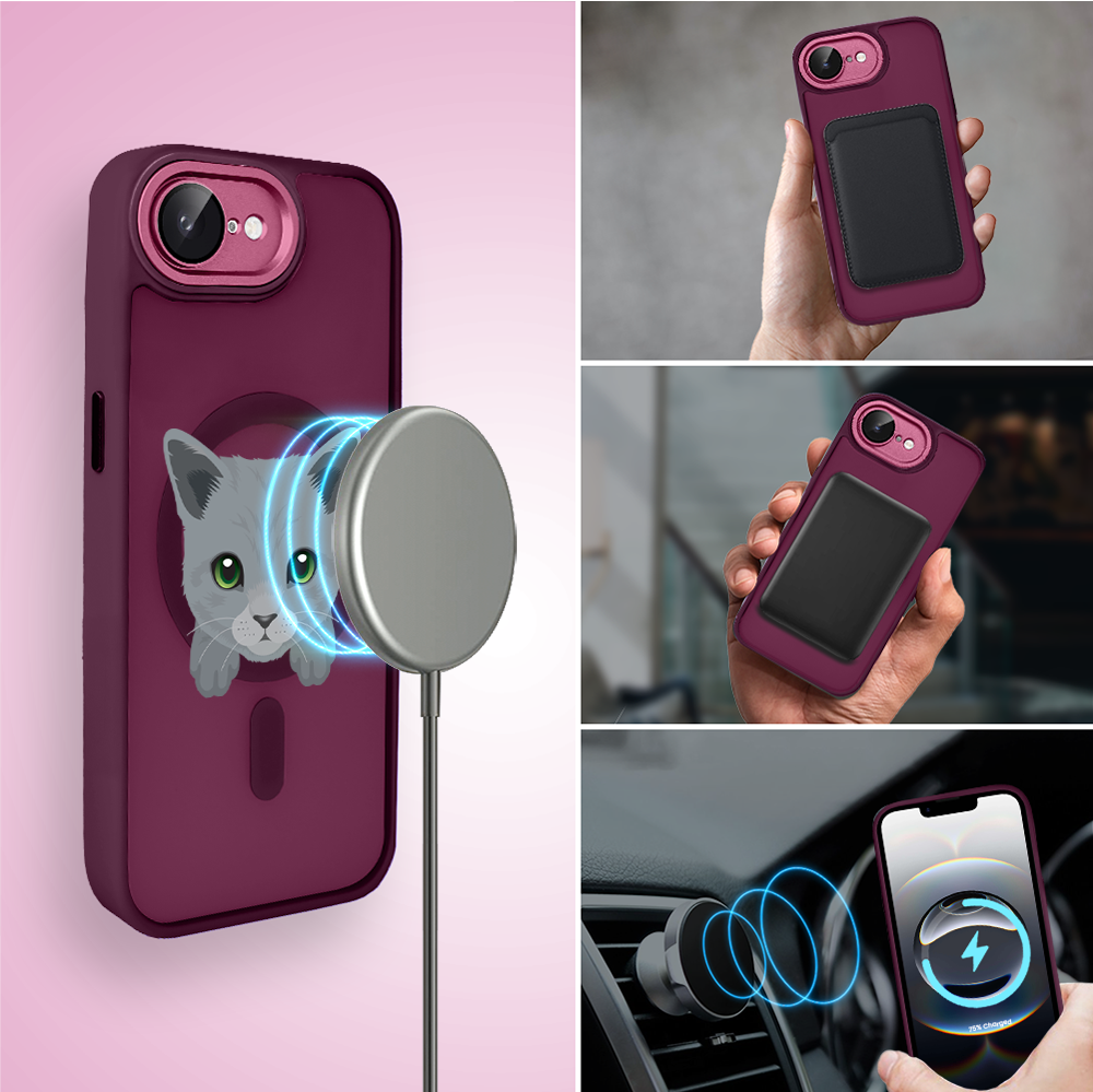 Etui do iPhone 16e Color Flush z Magsafe, z osłoną aparatu, kot brytyjski, wiśniowe (5)