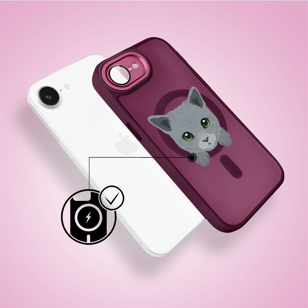 Etui do iPhone 16e Color Flush z Magsafe, z osłoną aparatu, kot brytyjski, wiśniowe (6)