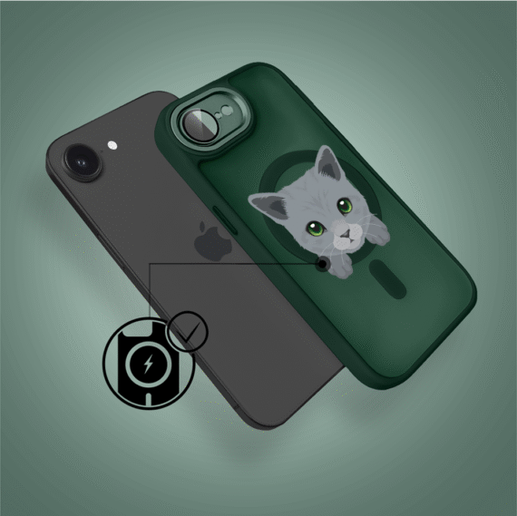 Etui do iPhone 16e Color Flush z Magsafe, z osłoną aparatu, kot brytyjski, zielone (1)