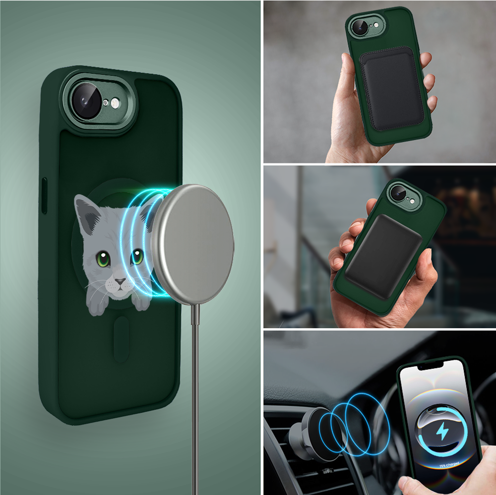 Etui do iPhone 16e Color Flush z Magsafe, z osłoną aparatu, kot brytyjski, zielone (8)